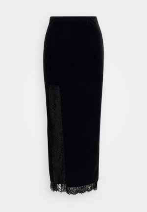 Sort fløjl midi nederdel med et sidepanel og blondekant. Glat tekstur, tætsiddende design og en subtil glans. 