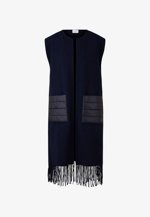 Gilet sans manches bleu marine en laine, doté de deux poches rembourrées et de détails à franges au niveau de l'ourlet. Texture lisse avec une coupe décontractée.