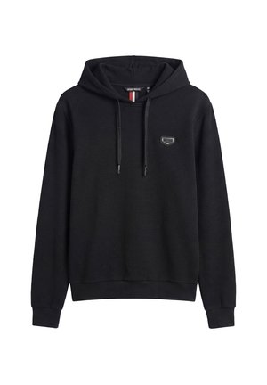 Felpa nera a maniche lunghe con cappuccio, tessuto strutturato, coulisse frontali, polsini e orlo a costine, e una piccola toppa di marca grigia sul petto.