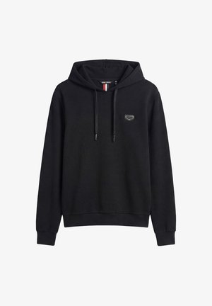 Zwarte hoodie met lange mouwen van gestructureerde stof, voorste trekkoorden, geribbelde manchetten en zoom, en een klein grijs merkpatch op de borst.