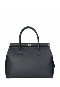 Borsa a mano in pelle blu con forma strutturata, manici piatti e dettagli in metallo. Texture liscia con particolari di cucitura.