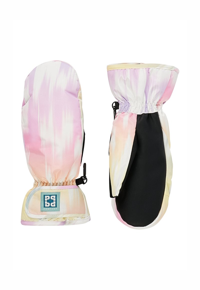 Šareni rukavice s gradijentnim uzorkom u ružičastoj i ljubičastoj boji, sa crnom vodootpornom dlanom i elastičnom manžetom za sigurno prianjanje.
