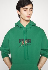 Felpa verde con cappuccio, caratterizzata da un logo ricamato nero e un design grafico. Realizzata in morbido tessuto con una vestibilità comoda e tasca frontale.