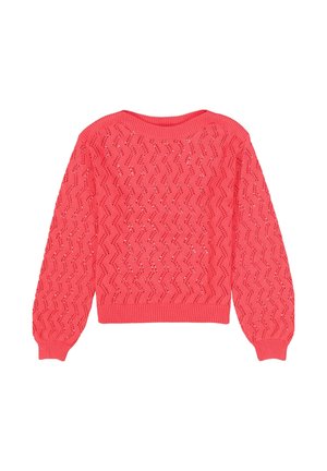 Gebreide trui in fel koraal met een zigzagpatroon, geribbelde manchetten en halslijn, met een gestructureerd open geweven ontwerp.