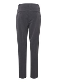 Grå skräddarsydda byxor med en slät yta, som har raka ben, två bakfickor och knappstängningar.
