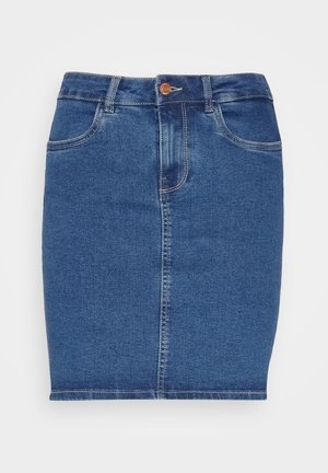 Jupe crayon en denim bleu foncé, avec cinq poches, une fermeture à bouton à l'avant et une texture lisse avec des coutures contrastées.