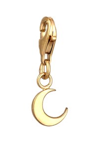 Pendentif doré en forme de croissant de lune, suspendu par un fermoir lobster avec une surface lisse et réfléchissante.