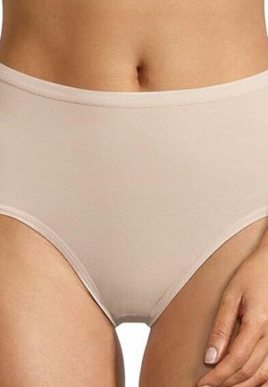 Beige high-waisted underwear made of smooth, stretchy fabric with a wide waistband and no visible seams. Soft texture and seamless design.