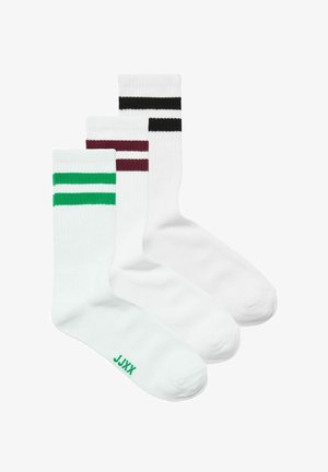 Három pár fehér zokni színes csíkokkal: zöld, bordó és fekete. Ribbed textúra; JHX logó zöld színben a zöld csíkos zoknin.