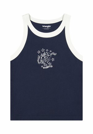 Marineblå tanktop med hvide kanter, med en hvid stregtegning af en hest omgivet af stjerner og Wrangler-logoet midt på fronten.