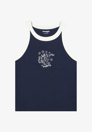 Marineblå tanktop med hvide kanter, med en hvid stregtegning af en hest omgivet af stjerner og Wrangler-logoet midt på fronten.