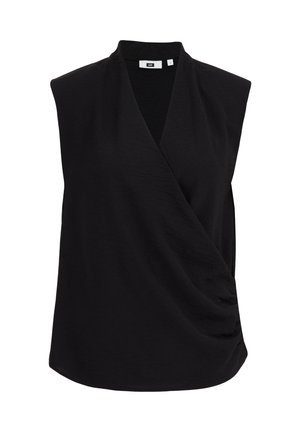 Mustmust ilma varrukatega topp, millel on mähise disain, kõrge krae, pehme kangatekstuur ja kokkutõmmatud külje detail, et saavutada mugav istuvus.