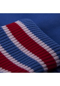 Gebreide stof met horizontale strepen in rood, wit en blauw, met een ribbelstructuur en een zachte afwerking, geschikt voor kledingstukken.