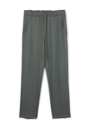 Pantaloni lounge grigi realizzati in materiale morbido ed elastico. Vita elasticizzata con cordoncino, tasche laterali e una vestibilità comoda.