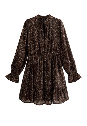 Robe à manches courtes, imprimé léopard marron avec taille froncée, col montant, ouverture en forme de goutte d'eau et ourlet évasé. Fabriquée en tissu léger.