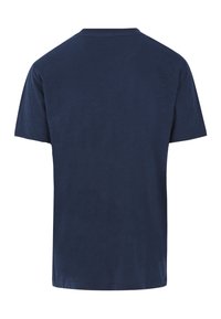 Camiseta de manga corta de color azul marino, hecha de tela suave, con un clásico escote redondo y un diseño sencillo sin patrones ni gráficos visibles.