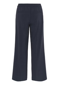 Granatowe spodnie typu wide-leg z elastycznym paskiem w talii, z dwoma tylnymi kieszeniami i gładkim, lekkim materiałem. Profesjonalny i swobodny design.