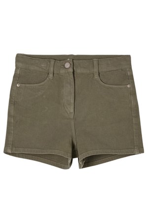 Szorty z bawełny w oliwkowo-zielonym kolorze, z zapięciem na guzik, szlufkami na pasek i przednimi kieszeniami. Gładka faktura, casualowy, dopasowany krój.