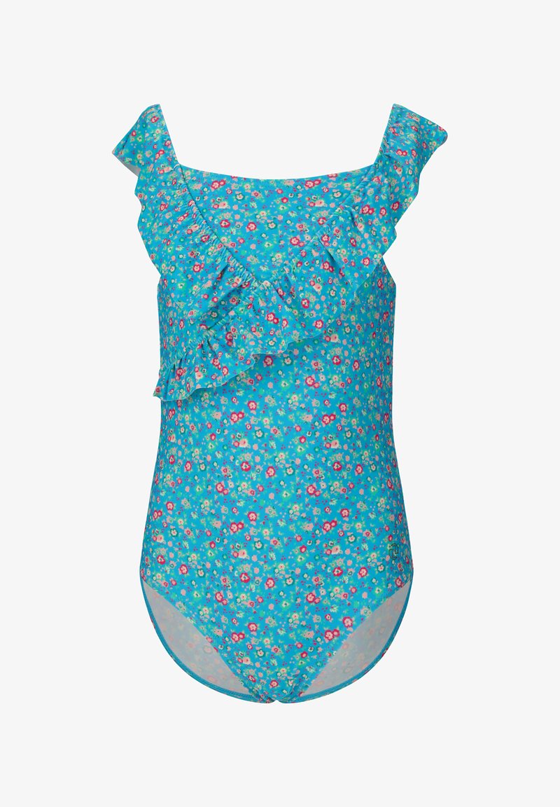 Maillot de bain bleu avec un motif floral en rose, jaune et blanc. Comprend des bretelles à volant et une coupe ajustée. Texture lisse.