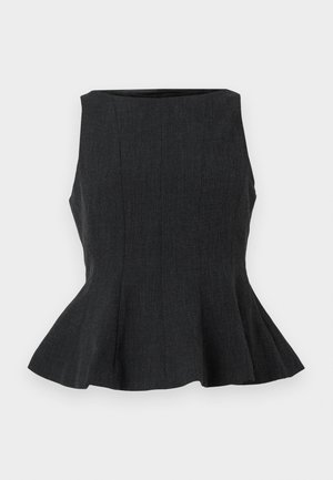 Top peplum negro sin mangas con un diseño estructurado. Presenta una tela texturada y un dobladillo acampanado, ofreciendo un aspecto ajustado.