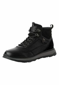 Schwarze mittelhohe Wanderschuhe aus einer Kombination von glattem Leder und Mesh. Sie verfügen über verstärkte Ösen, strukturierte Akzente und eine robuste Gummisohle.