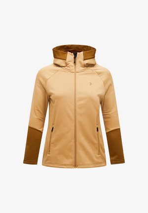 Béžová kapucňová bunda s hnedými akcentmi, predným zipsom, dvoma bočnými vreckami a raglánovými rukávmi. Mäkká tkanina s hladkým povrchom.