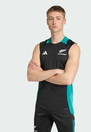 Maillot sans manches noir avec des accents teal, arborant le logo des All Blacks et la marque Adidas ; fabriqué en matériau qui évacue l'humidité, coupe athlétique.