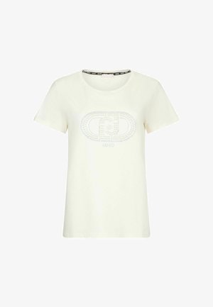 Kreemikat värvi puuvillane T-särkk, lühikeste varrukatega, ümmarguse kaeluse ja tekstuurse logodisainiga ees, millel on peened sädeluse aktsendid.