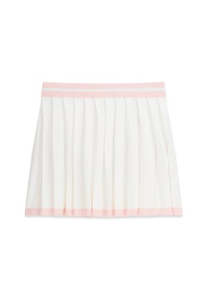 Jupe plissée blanche avec ceinture et bordure rose pâle, longueur genou, vue à plat sur fond blanc.