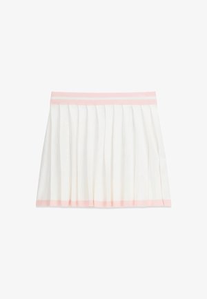 Jupe plissée blanche avec ceinture et bordure rose pâle, longueur genou, vue à plat sur fond blanc.