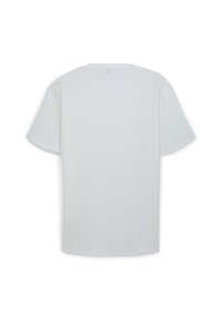 T-shirt bianco in cotone, maniche corte, colletto tondo, design semplice con texture liscia, vista posteriore che mostra un orlo dritto.