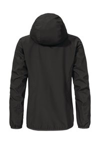 Schwarze Kapuzenjacke mit einer glatten, matten Textur. Verfügt über lange Ärmel, eine abgerundete Kapuze und einen geraden Saum am unteren Rand.