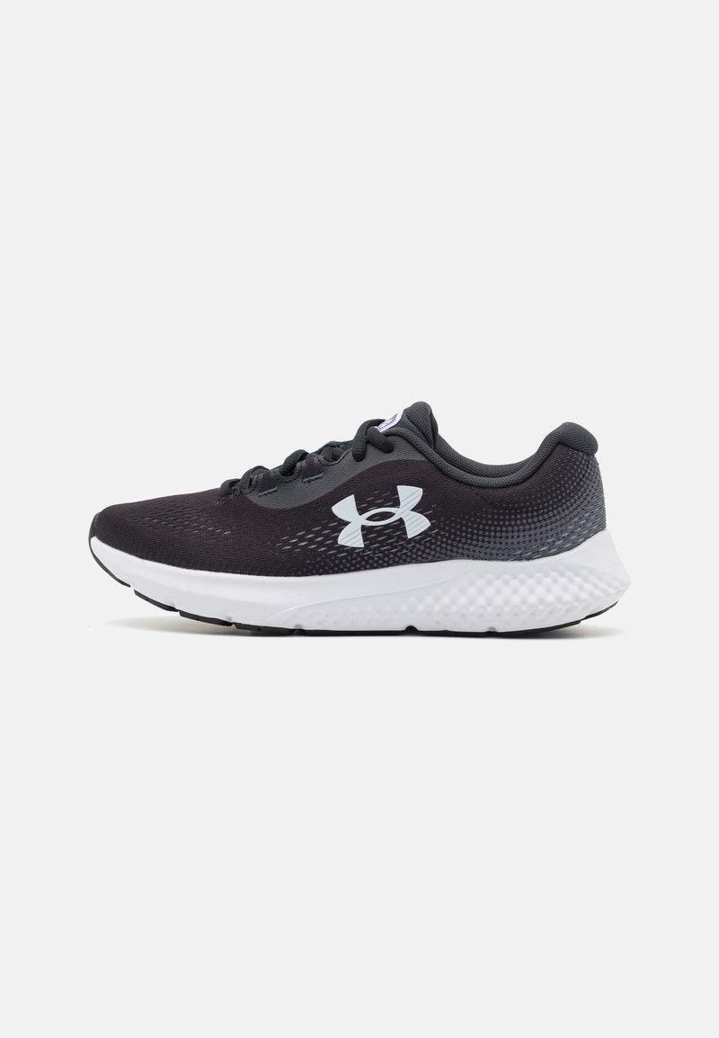 Black athletic shoes with a mesh upper, white midsole, textured heel, and reflective logo. Designed for comfort and stability.