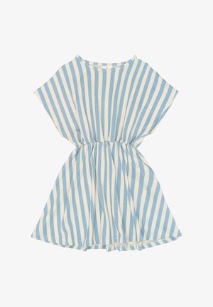 Niebiesko-biała sukienka w pionowe paski, z krótkimi rękawami, taliowana i z okrągłym dekoltem.