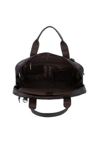 Brown leather bag with dual handles and a zippered opening. Interior features pockets and compartments in contrasting dark fabric.