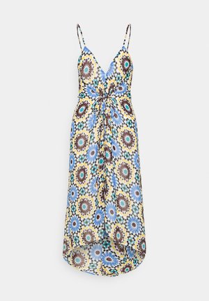 Robe midi sans manches avec décolleté en V, taille froncée et motif floral circulaire coloré en bleu, jaune, marron et bleu-vert sur fond blanc.
