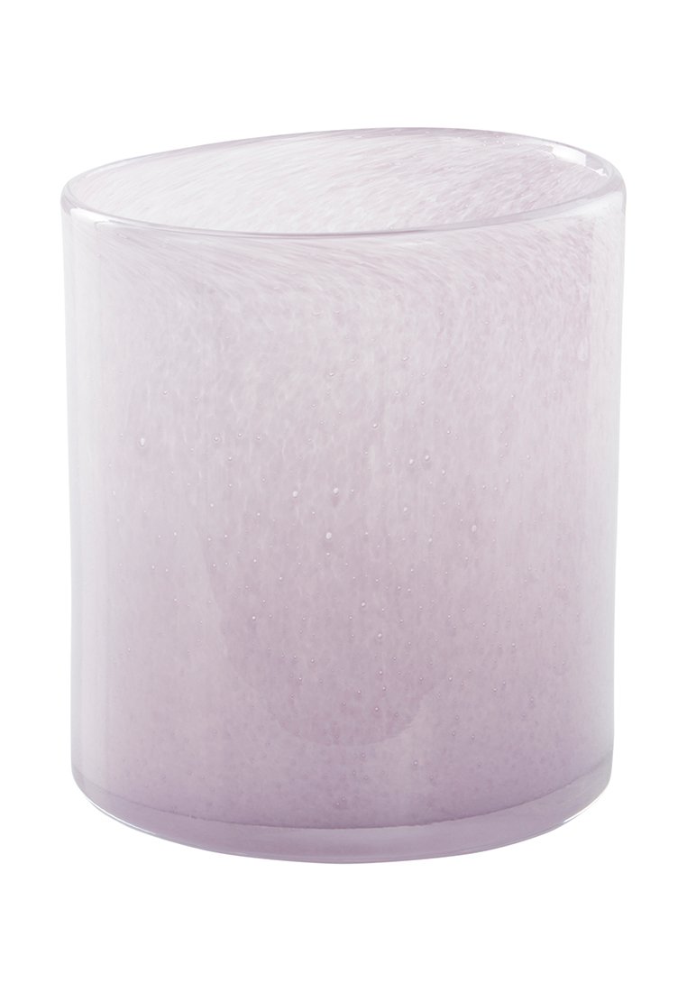 Photophore rond en verre translucide lavande avec une finition texturée, comportant de petites bulles d'air dans le matériau.
