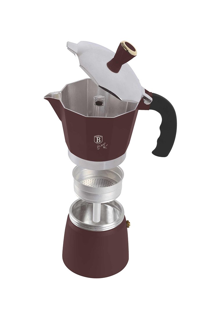 Bialetti Moka-Kanne, achteckiges Design in Burgunderrot und Silber. Hergestellt aus Aluminium mit einem schwarzen Plastikgriff und einem Metalldeckel.