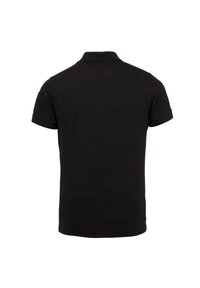 Polo noir en coton avec des manches courtes, un col classique et une poche sur le côté de la manche gauche. Texture lisse, sans motifs visibles.