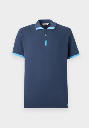 Mørkeblå polo-shirt med korte ærmer, lynlås krave og lyseblå detaljer på kraven og ærmerne. Lavet af et glat stof.