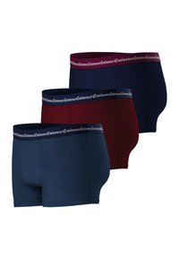 Trois paires de boxers colorés. Bleu avec un motif texturé, bleu foncé et bordeaux, dotés d'une ceinture élastique avec logo.