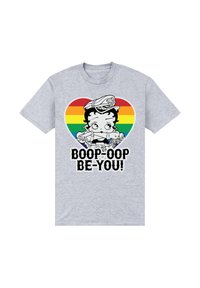 Šedé tričko s potiskem komiksové postavičky uvnitř duhového srdce, s nápisem "BOOP-OOP BE-YOU!" tučnými černými písmeny. Bavlněný materiál.