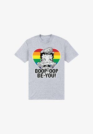 Šedé tričko s potiskem komiksové postavičky uvnitř duhového srdce, s nápisem "BOOP-OOP BE-YOU!" tučnými černými písmeny. Bavlněný materiál.
