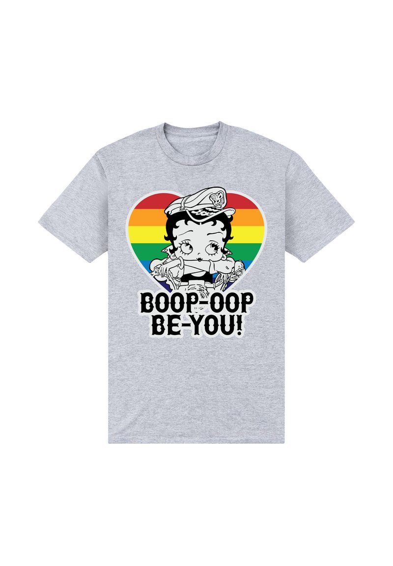 Šedé tričko s potiskem komiksové postavičky uvnitř duhového srdce, s nápisem "BOOP-OOP BE-YOU!" tučnými černými písmeny. Bavlněný materiál.