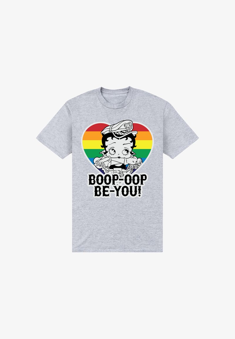 Šedé tričko s potiskem komiksové postavičky uvnitř duhového srdce, s nápisem "BOOP-OOP BE-YOU!" tučnými černými písmeny. Bavlněný materiál.