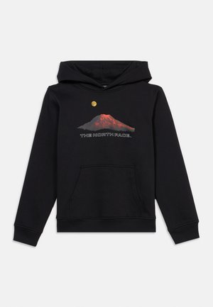 Sweat à capuche noir avec un graphique de montagne rouge, une lune jaune, et le texte « THE NORTH FACE », équipé d'une poche kangourou à l'avant.