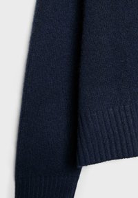 Temno modr pulover z mehkimi, teksturiranimi pleteninami. Poudarjeni so rebrasti manšeti in robovi, ki prikazujejo rahlo ohlapen kroj in udoben material.