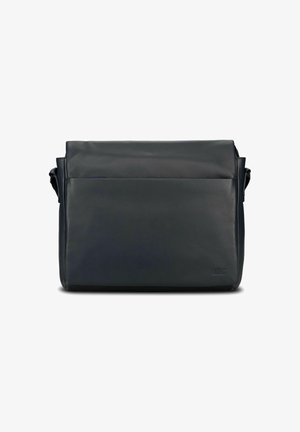 Black leather messenger bag with a smooth texture, featuring a flap closure and a front pocket. Includes an adjustable shoulder strap.