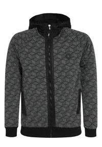 Felpa grigia con zip, decorata con un motivo geometrico, dettagli neri, cappuccio regolabile con coulisse e polsini a costine. Include tasche frontali con zip.
