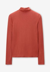 Langärmliges Turtleneck-Shirt in sanftem Rostton, mit glatter Textur und figurbetontem Design ohne sichtbare Logos oder Muster.